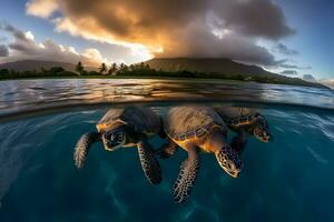 mare tartaruga vicino su al di sopra di corallo scogliera nel Hawaii. neurale Rete ai generato foto