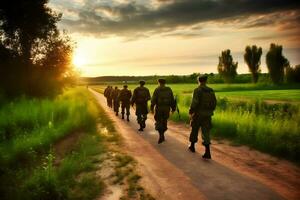 militare soldati azienda nel il campo. neurale Rete ai generato foto