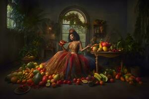 alla moda donna nel frutta stile vestire. neurale Rete ai generato foto