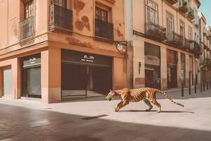 urbano tigre apocalisse. un' tigre a piedi attraverso urbano rovine nel un' post-apocalisse piace ambientazione. neurale Rete ai generato foto