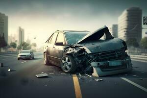 auto incidente concetto con auto collisione su città autostrada strada. neurale Rete generato arte foto