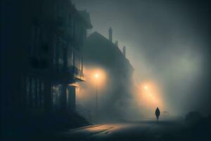 silhouette nel nebbioso vicolo a notte città strada, mistero e orrore nebbioso paesaggio urbano atmosfera. neurale Rete generato arte foto