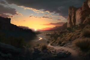 rosso roccia canyon deserto nel Nevada panoramico paesaggio a sera. neurale Rete generato arte foto
