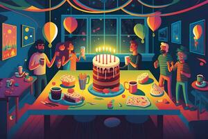 compleanno festa celebrazione con amici e torta. neurale Rete ai generato foto