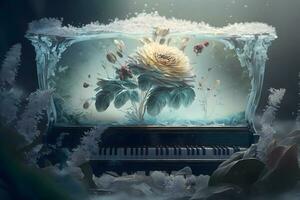 Fata Magia pianoforte con fiori congelato nel Ghiaccio. neurale Rete ai generato arte foto