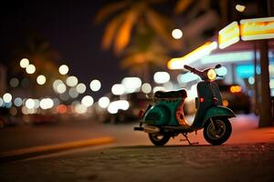 scooter ciclomotore a oceano guidare miami spiaggia a notte con neon luci a partire dal alberghi. neurale Rete ai generato foto