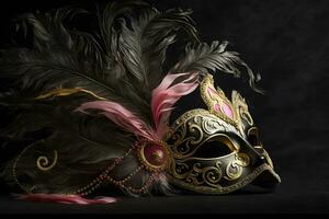 carnevale volta. veneziano maschera con piume su nero sfondo, neurale Rete ai generato foto