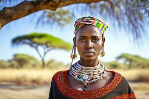 ritratto di un' bellissimo africano donna nel etnico stile. neurale Rete ai generato foto