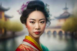bellissimo asiatico Cinese donna ritratto. neurale Rete ai generato foto