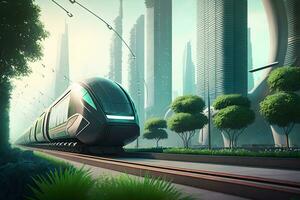 alta velocità treno cavalcate a alto velocità nel estate in giro il verde estate paesaggio. neurale Rete ai generato foto