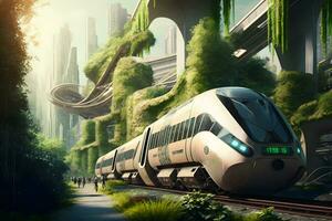 alta velocità treno cavalcate a alto velocità nel estate in giro il verde estate paesaggio. neurale Rete ai generato foto