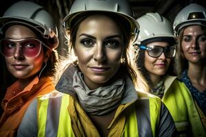 un' squadra di femmina costruzione ingegneri. femmina manager di diverso nazionalità siamo Lavorando insieme. neurale Rete ai generato foto