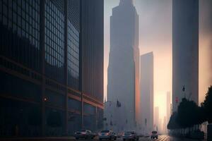 urbano grattacieli a presto nebbioso mattina nel il città quartiere. neurale Rete generato arte foto