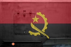 angola bandiera raffigurato su lato parte di militare blindato camion avvicinamento. esercito forze concettuale sfondo foto