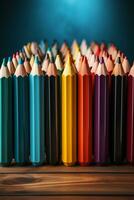 un' riga di colorato matite foderato su contro un' blu sfondo. ai generativo foto