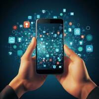 mobile marketing. mano Tenere un' smartphone con App foto