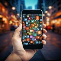 mobile marketing. mano Tenere un' smartphone con App foto