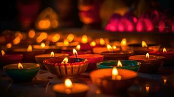 candele illuminato durante Diwali celebrazione. indiano indù leggero Festival chiamato diwali, generativo ai foto