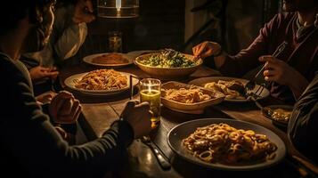 amici avendo un' pasta cena a casa di a un' ristorante, generativo ai foto