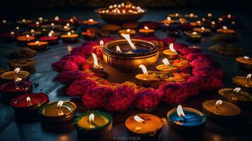 olio lampade illuminato su colorato rangoli durante Diwali celebrazione, generativo ai foto