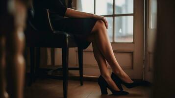 donna nel sexy nero tacchi e bellissimo gambe seduta a casa, generativo ai foto