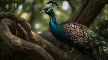 il elegante pavone con suo colori seduta su un' albero con un Aperto piume, generativo ai foto