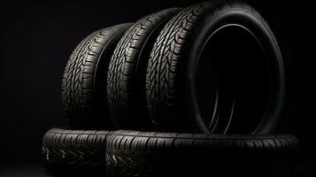 pila di ruota nuovo nero pneumatici per inverno auto guida isolato su nero sfondo, generativo ai foto
