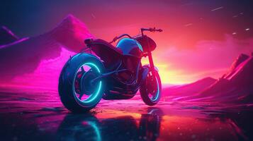 futuristico motocicletta su un' vivace colorato retrowave paesaggio con un' griglia modello nel il cyberspazio orizzontale versione - concetto arte - 3d rendering, generativo ai foto