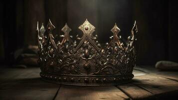 Basso chiave Immagine di bellissimo Regina o re corona al di sopra di di legno tavolo. Vintage ▾ filtrato. fantasia medievale periodo, generativo ai foto