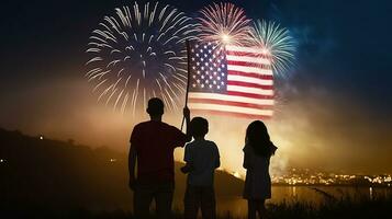vacanza celebrazione. famiglia con americano bandiera e fuochi d'artificio nel cielo. ai generativo foto
