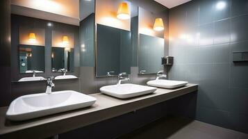 vuoto bagno pubblico toilette interno con lavaggio mano lavelli. specchio con mano bacino e rubinetto nel pulito gabinetto. ai generativo foto