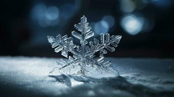 fiocco di neve congelato nel un' bloccare di Ghiaccio, cristallo coccio, retroilluminato, bellissimo illuminazione. generativo ai foto