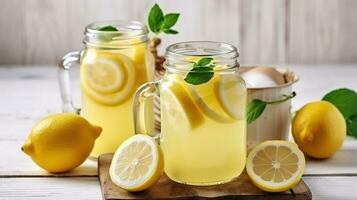 muratore vaso bicchieri di fatti in casa rinfrescante limonata con fette di biologico maturo Limone, totale e metà, spremiagrumi su un' rustico bianca di legno sfondo. generativo ai foto