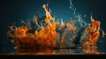 spettacolare Immagine di blu e arancia liquido inchiostro zangolatura insieme, con un' realistico struttura e grande qualità. sfondo. generativo ai foto