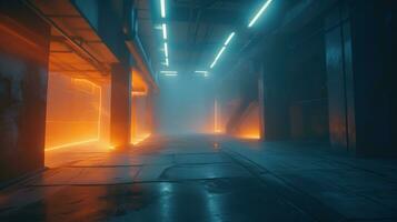 Fumo nebbia, nebbia grande sala neon città retrò moderno virtuale la realtà sci fi, futuristico lama corridore arancia blu calcestruzzo, generativo ai foto