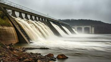 acqua spargimento al di sopra di il diga, generativo ai foto