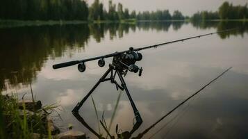 Filatura. pesca con segnalazione dispositivi su titolare. alimentatore pesca con bobina. asta baccello. generativo ai foto