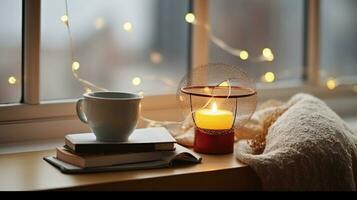 stagione, tempo libero e oggetti concetto - tazza con maglia tè infusore sfera, libri, ghirlanda luci e candela ardente su finestra davanzale a casa. generativo ai foto