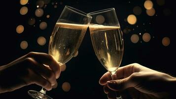 un' crostini per nuovo inizi, Due bicchieri di Champagne abbraccio il notte di celebrazione. generativo ai foto