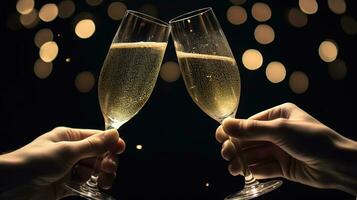un' crostini per nuovo inizi, Due bicchieri di Champagne abbraccio il notte di celebrazione. generativo ai foto