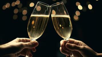 Due bicchieri di Champagne tostatura nel mezzanotte splendore. generativo ai foto
