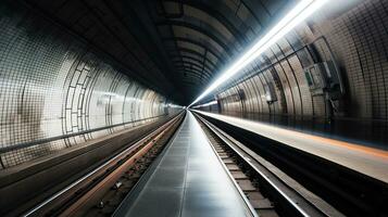 metropolitana tunnel con sfocato leggero brani con in arrivo treno nel il di fronte direzione, generativo ai foto