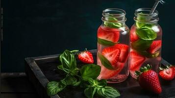 spegnere il tuo sete con fragola e basilico infusa acqua. generativo ai foto