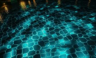 travolgente superiore Visualizza di illuminato luci getto un' scintillante sillabare su il piscina acqua superficie, generativo ai foto