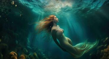 bellissimo sirena nuoto sott'acqua. generativo ai foto