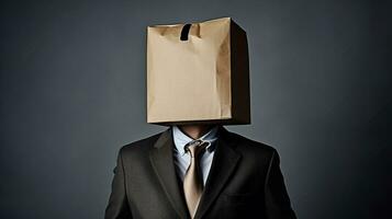 un' uomo d'affari con un' pacchetto su il suo testa nascosto il suo testa. domanda marchio, soluzione idea. generativo ai foto