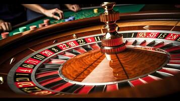 ruota di fortuna, il ipnotizzante rotazione di il casinò roulette ruota, generativo ai foto