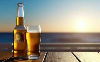 il condensazione pieno birra bicchiere e il Aperto birra bottiglia su il legno duro tavolo. leggero riflettendo mare sfocato in il sfondo. generativo ai foto