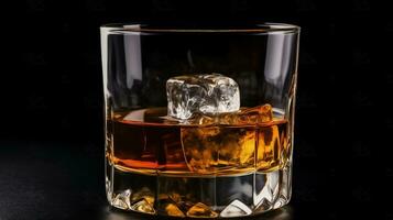 un' bicchiere di whisky con ghiaccio cubi su un' nero sfondo. generativo ai foto