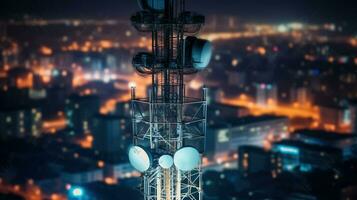 comunicazioni Torre, antenna per il 5g cellulare Rete in cima un' nel un' ore notturne metropoli. generativo ai foto